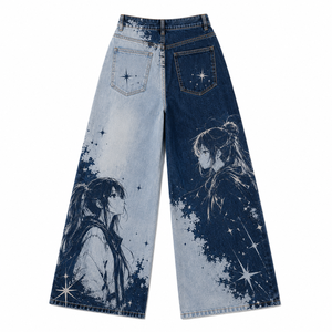Jeans Anchos de Cintura Alta para Mujer, Estampado Digital de Anime, Estilo Verano/Invierno, Lavado Oscuro/Claro, Mezclilla Tejida, Moda Urbana Y2K - Product Image 3