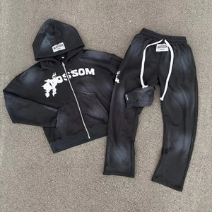 Survêtement personnalisé à fermeture éclair vintage délavé à l'acide, coupe ample 100% coton imprimé bouffant, pantalon de survêtement lourd - Product Image 1