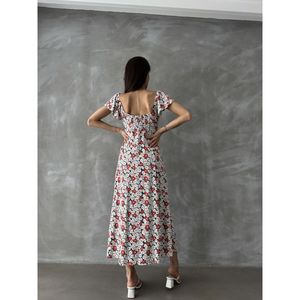 Robe en coton et polyester tricoté à imprimé floral rouge TOPSHOW pour femmes - Robe élégante mi-longue décontractée - Product Image 5