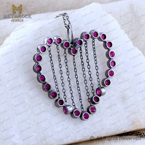 Bezel Set Ruby Gemstone Oxidized 925 <b>Silver</b> Designer Chain Tassel <b>Heart</b> Pendant <b>Necklace</b> Jewelry Wholesale - Product Image 6