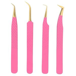 ชุดแหนบถอนขนตาสแตนเลส4ชิ้นเคลือบสีชมพูเครื่องมือความงามออกแบบปลายแหลมตามสั่ง - Product Image 1