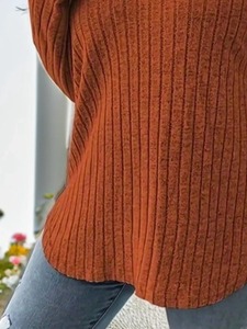 เสื้อเจอร์ซีย์แฟชั่นสำหรับผู้หญิงแขนยาวคอกลมเสื้อมีร่องระบายลำลองระบายอากาศสีพื้น - Product Image 5