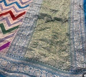 ผ้าชีฟองจอร์เจตต์หรูหราแท้ ผ้ากัฐยา ผ้าบาแนรasi ลายวอเตอร์ซารี ลายเรขาคณิต ทออย่างประณีต ของแท้จากอินเดีย สำหรับงานแต่งงาน งานเลี้ยง งานพิธีกรรม - Product Image 4