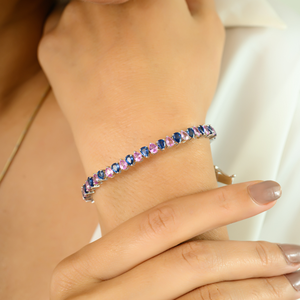 สร้อยข้อมือรูปลูกแพร์สีชมพูและฟ้าแซฟไฟร์ยอดนิยมเครื่องประดับวางซ้อนกันได้ของขวัญ K18แข็งทำด้วยมือทองคำขาว - Product Image 6