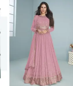 Indian Ethnic Wear Heavy Faux Georgette with Embroidery 5mm Sequence Work Anarkali Gowns with Georgette Dupatta Set for women