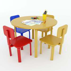 Juego de Mesa y Sillas de Jardín de Infancia de Diseño Moderno KGD013, 1 Mesa Redonda de Madera Maciza, 4 Sillas de Madera de Caucho, Muebles Escolares para Niños - Product Image 1