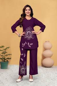 <b>Women</b> Purple Embroidered <b>Kurti</b> Pant Set Designer Ethnic Wear Outfit - Product Image 5