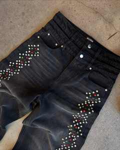 กางเกงยีนส์ทรงขาบานสไตล์วินเทจคุณภาพสูงสั่งทำขายส่ง งานถักทออย่างดี สตรีทแวร์ ล้างสีแบบสโตนวอช ประดับเพชรเม็ดกลาง สำหรับฤดูใบไม้ร่วงและฤดูหนาว - Product Image 5