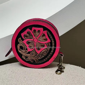 Nouvelle mode rose repoussé à la main en cuir pour cantine ronde sac à bandoulière Western Floral repoussé en cuir rose porte-monnaie ensemble pour femmes - Product Image 4