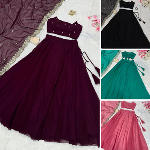 Launching Designer Wine colour Georgette Lehenga Choli & Dupatta Set with Pearl Work Embellissement for Women's Party Wear - Product Image 6