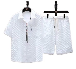 Ensemble chemise et short décontracté d'été pour homme, uni, avec boutons et poches, vêtements de sport pour homme, tissage - Product Image 1