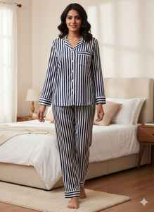 Ensemble pyjama 2 pièces luxueux et élégant pour femme en satin imprimé, col en V, respirant, haut à manches longues à boutons et pantalon avec passepoil contrastant - Product Image 2