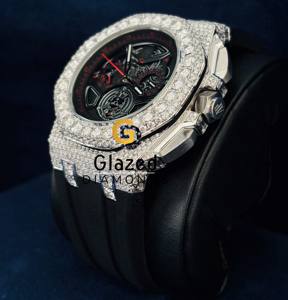 Hip Hop style Iced Out Moissanite Diamond Studded Multi <b>Chronograph</b> Watch For Men With Custom Black Silicon Belt - Product Image 3