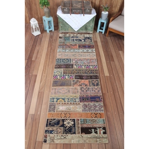 พรมตุรกีลายปะติดขนาด 2.8x8.7 ฟุต สีเบจ ลายเรขาคณิตสไตล์วินเทจ - Product Image 1