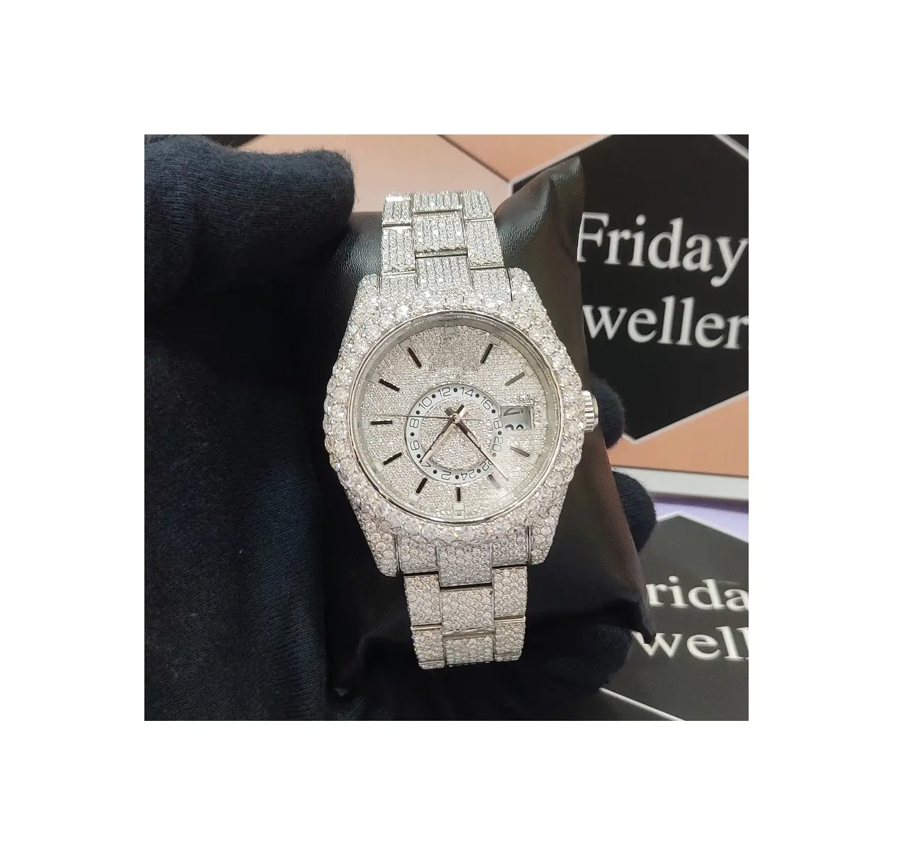 Jam tangan Ice Out baja tahan karat, arloji merek baru 41MM buatan tangan berkilau, jam tangan Bust Down VVS Moissanite untuk perhiasan modis