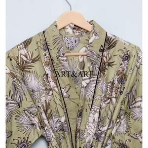 Bata Kimono de Lujo para Mujer de Algodón Estampado a Mano de la India, para Verano, Ropa de Noche Nupcial, con Logo Frontal, de Secado Rápido - Product Image 4