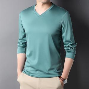 เสื้อยืดคอวีคอตตอนเข้ากับทุกชุดเสื้อตัวบนสำหรับผู้ชายแขนยาวผ้าทอลำลองสีพื้นคุณภาพสูง