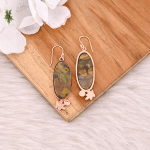 Boucles d'oreilles de créateur en plaqué or rose faites à la main, bijoux en laiton ovale long, jaspe aux fruits, pierres précieuses, style classique, pendantes à la mode - Product Image 4