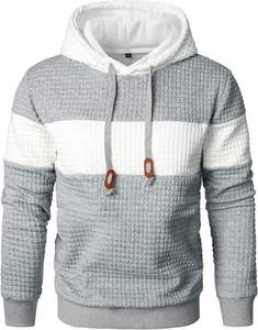 Light Grey/<b>White</b> <b>Men</b> Sweatshirts Long Sleeve Pullover Patchwork Plaid Jacquard Hoodie Casual Drawstring Hoody Top - Product Image 2