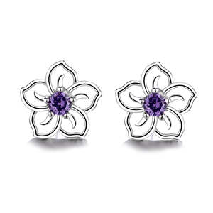 Orecchini Trendy in Argento Sterling a Fiore Aperto con Conchiglia e Diamante, Stili a Perno, Pendenti e a Cerchio in Oro Rosa, Gioielli Carini - Product Image 1