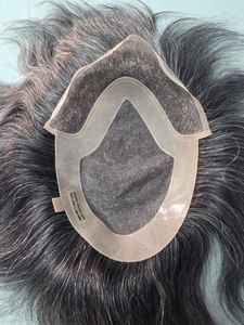 Taz Hair BD Fusion Perruque toupet en cheveux humains Remy à trame nouée à la main, base en dentelle frontale, couleur mixte 1B, patchs capillaires gris, prothèse capillaire - Product Image 5