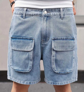 Pantalones cortos de mezclilla 100% algodón informales de calidad superior para hombre con múltiples bolsillos pantalones cortos de mezclilla holgados - Product Image 1