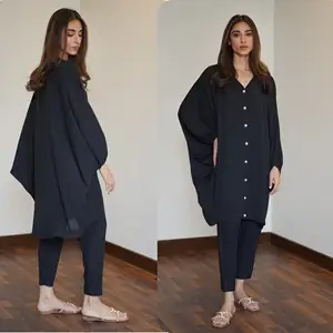 New Batwing Style Black Tunic Top Dress With Narrow Plain Black Trousers Pant For Casual Wear Co-ord Sets