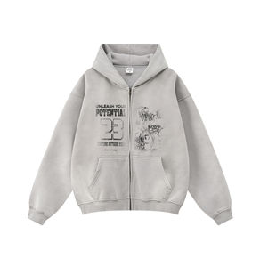 เสื้อมีฮู้ดซิป400gsm แฟชั่นสำหรับผู้ชายเสื้อฮู้ดโอเวอร์ไซส์ไซส์ใหญ่พิเศษแบบวินเทจซักกรด - Product Image 4