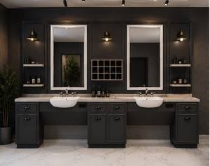 Mueble Moderno de Madera Negra para Salón de Belleza o Barbería con Lavabo, Estantes de Almacenamiento y Espejo Doble, Mobiliario Comercial - Product Image 1