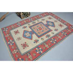 Tapis Turc Vintage Classique Rouge Bleu Patchwork Design Grande Surface 5.2X7.6 ft Laine Latex Adolescent Rectangle Abstrait Couloir Chambre - Product Image 2