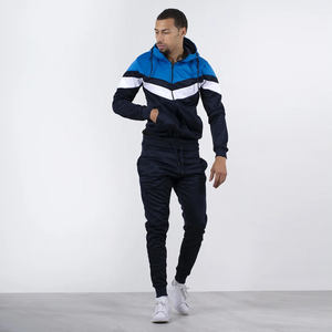 Conjunto deportivo para hombre, azul marino, azul cielo, blanco, con bloques de color en chevron, chaqueta con capucha y cremallera completa y pantalones jogger con puños, ropa deportiva. - Product Image 6