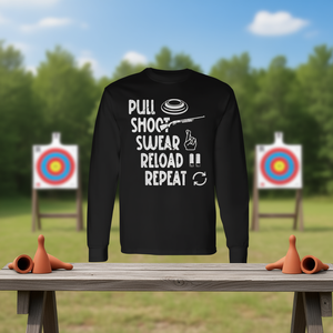 Trap Shooter Gear Pull Shoot Swear Reload Repeat T-shirt à manches longues - Product Image 3