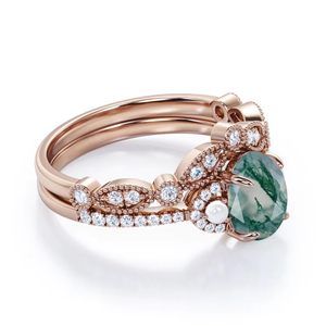 Bague en argent sterling style victorien vintage Milgrain 1.55 carats coupe ovale agate verte mousse diamant et perle Art - Product Image 3