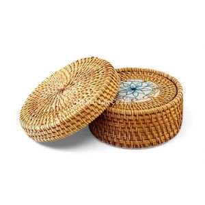 Ensemble de dessous-de-verre en rotin tissé naturel avec plateau, fabriqué à la main au Vietnam pour la décoration de la maison, de la table basse et de la salle à manger - Product Image 1