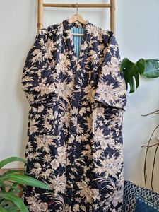 Matelassé pur coton réversible mi-longueur unisexe toute saison Dressing Kimono Robe Boho Blockprint Monochrome noir Beige Oriental - Product Image 6