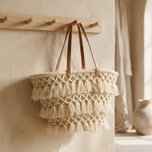 Cesta de Bambú Tejida a Mano con Borlas, Color Natural, Dos Asas de Cuero, Parte Superior Abierta, Cesto de Almacenamiento, Decoración para el Hogar - Product Image 3