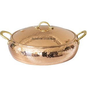Casserole d'ustensiles de cuisine de forme ronde en bois d'acacia avec couvercle de designer unique en aluminium plaqué or de haute qualité d'Inde - Product Image 4