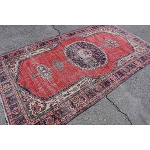 Tapis en laine turque vintage de 5.5x9,9 pieds Patchwork rouge et bleu tissage plat pour décorations de salon soutenu en Latex - Product Image 2