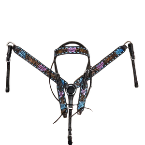 Vente en gros de têtière et de cuirasse en cuir véritable Western Floral coloré avec boucle fantaisie pour l'équitation - Product Image 1