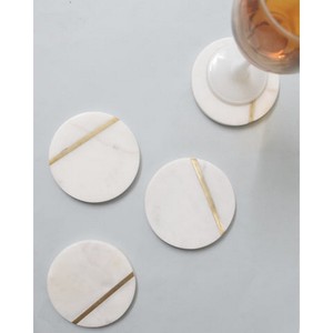 <b>White</b> Round Marble with Brass Inlay Luxury Tea Cup Stone Coaster Marble Stone & Metal Inlay Cup Coasters Custom Size - Product Image 4