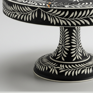 Assiette à dessert de luxe en feuille florale support à gâteau incrusté d'os noir et blanc fabriqué à la main - Product Image 5