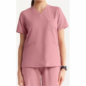 Scrubs uniformes ensembles col montant manches courtes personnel vêtements de travail confortable respirant tissu doux extensible gommage - Product Image 2