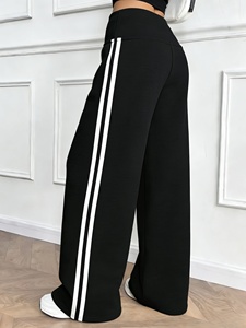 Polyester/Cotton Black Women's Casual Loose Wide Leg Double Side Striped Terry Fleece Soft Sweatpants - Product Image 2