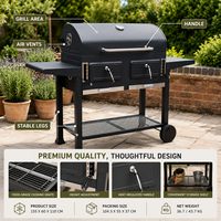 Parrilla de Carbón XL Personalizada con Marca Propia, Ahumador Tipo Barril, Mesa Lateral Doble, Altura Ajustable, Recubrimiento en Polvo, Certificaciones CE ETL EN 1860, OEM, Venta al por Mayor