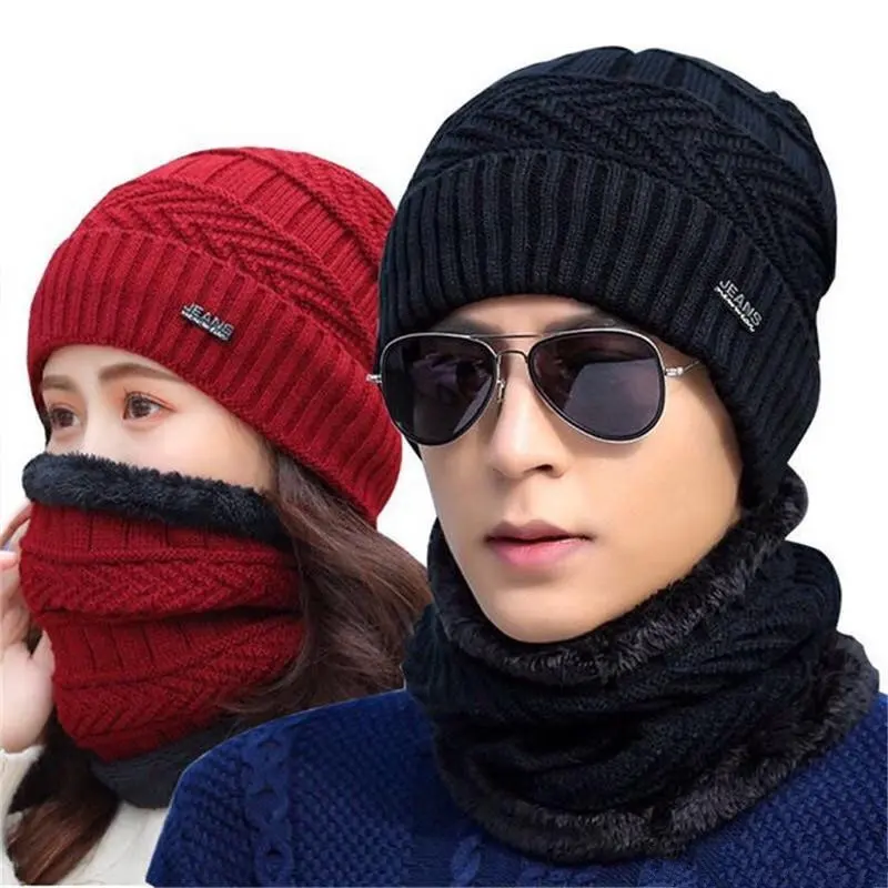 Wholesale Kids Men Warm Hats Winter Wool Hat Soft Neck Warm Ski Hat Skullies Women Men Beanie Knitted Cap Scarf Set