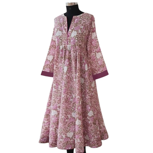 Pretty Block Printed Cotton Dress with Floral <strong>Patterns</strong> in Shades of Pink White Brown-Activewear Easy Wash Medium Weight - Product Image 1