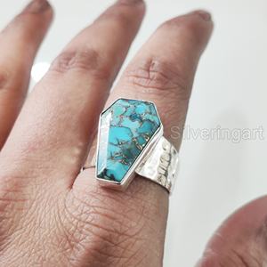 แหวนสตรีโลงศพธรรมชาติสีฟ้าทองแดงเทอร์ควอยส์พลอย December birthstone PARTY ค้อน unisex แหวนเงินสเตอร์ลิง925 - Product Image 4