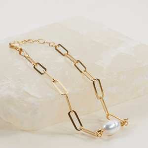 Perle trombone chaîne Bracelet perles d'eau douce 925 argent Sterling plaqué or 14K délicat cadeau fait main pour elle - Product Image 1