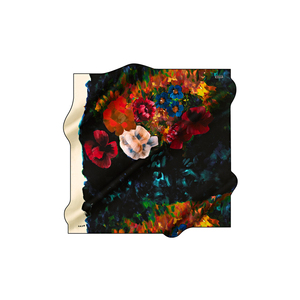Vintage Designer Printed Silk Scarf-Black Crepe Satin Square Luxury Polyester for All Seasons - Product Image 1