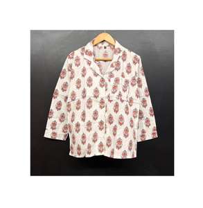 ชุดนอนฤดูร้อนคอวีลายดอกไม้เอวยางยืดผ้าฝ้ายนุ่มสำหรับผู้หญิง |   ชุดลำลองทำมือจากอินเดีย ระบายอากาศได้ดี แห้งเร็ว - Product Image 1